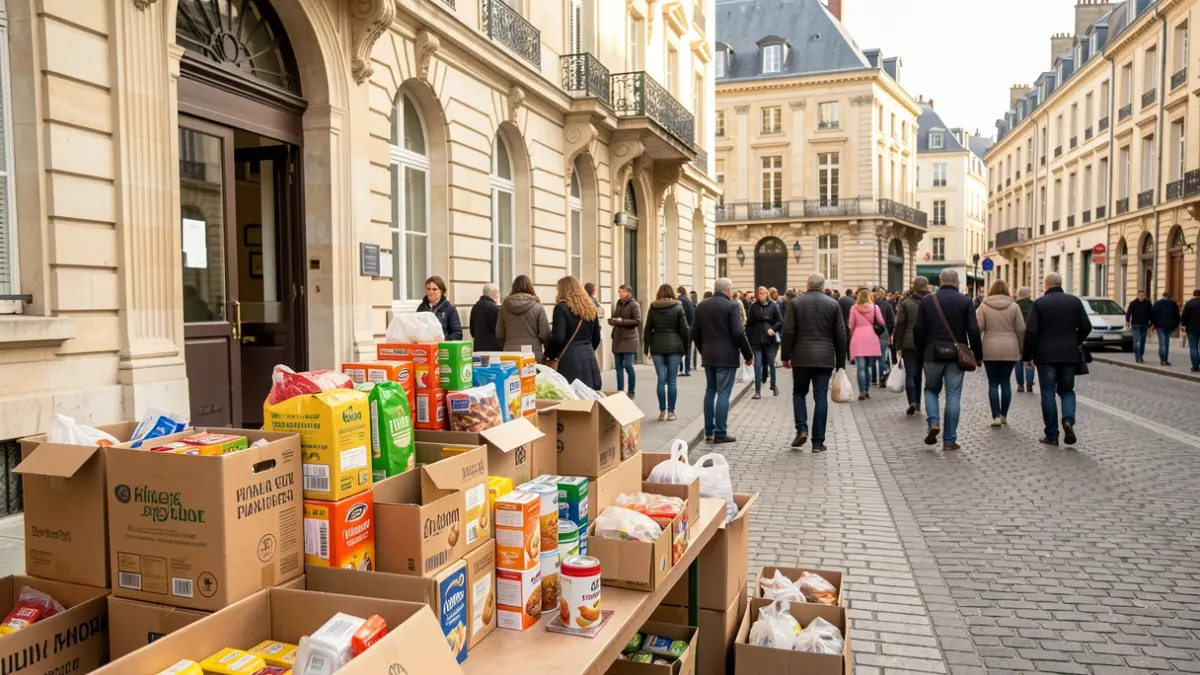 Image générique d'un point de collecte solidaire dans une commune française, avec des boîtes de dons.