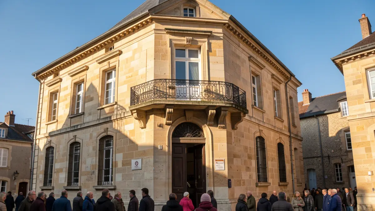 Façade de la mairie d'Angerville avec balcon et ciel bleu.
