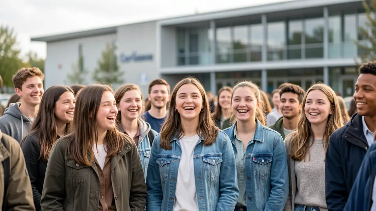 Image générique de jeunes gens souriants devant un centre communautaire.