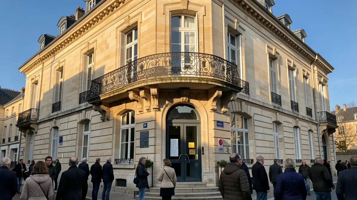 Stone facade of the Annet-sur-Marne town hall with ornate balcony and iron railings, warm afternoon sunlight.