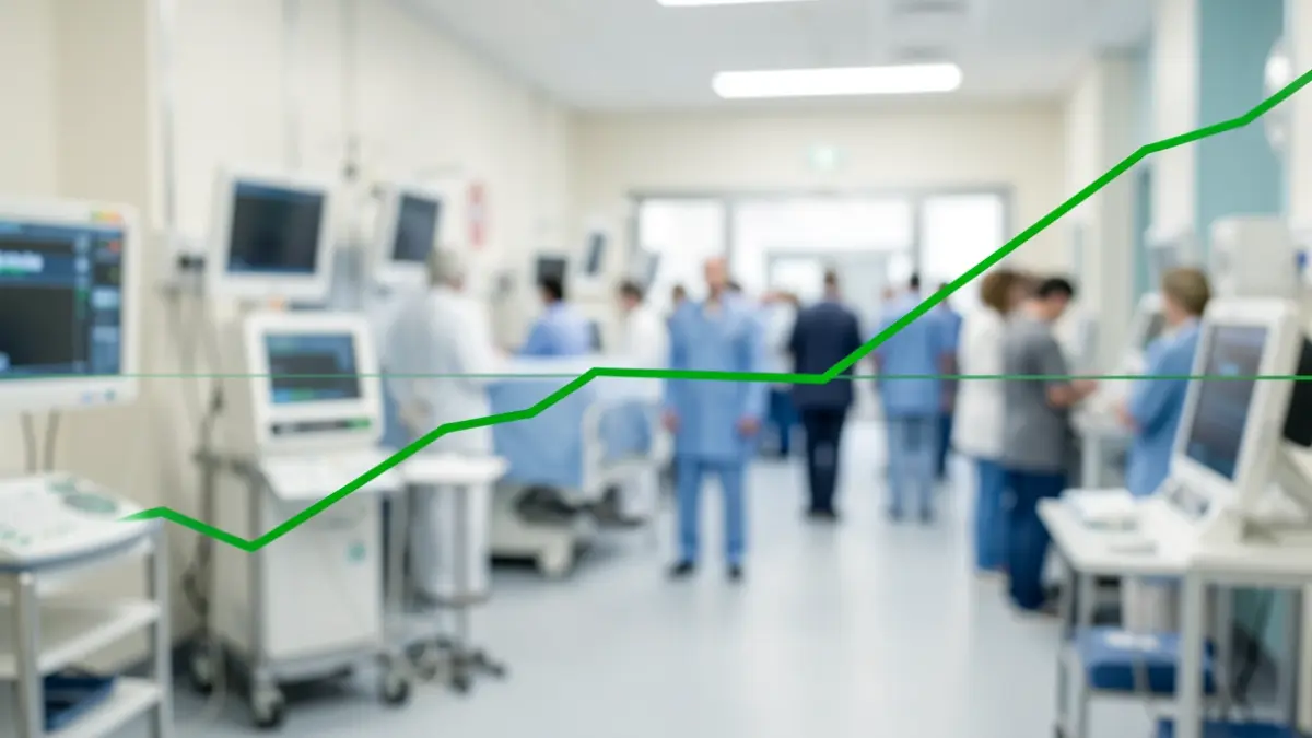 Image générique d'une ligne graphique verte stabilisée sur fond flou d'équipement médical.