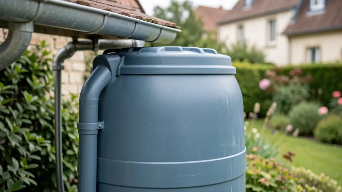 Generic image of a recycled plastic rainwater harvesting barrel with its connection kit.