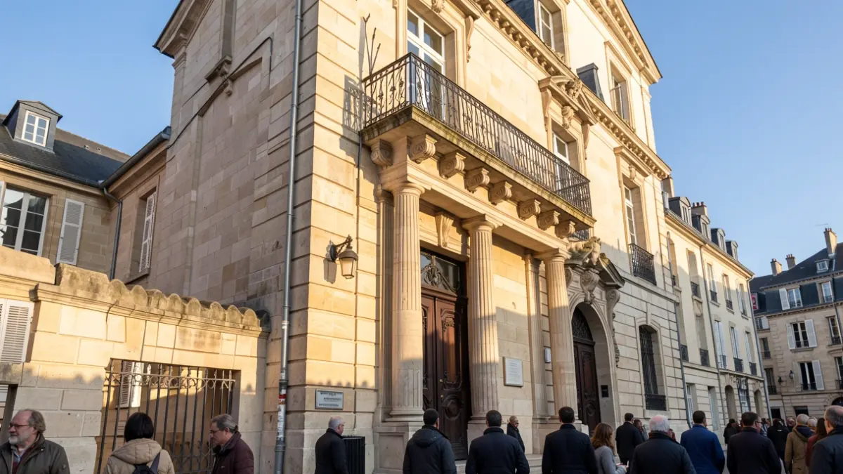 Generic image of a stone town hall facade with an ornate balcony and iron railings, under a blue sky and afternoon sun.