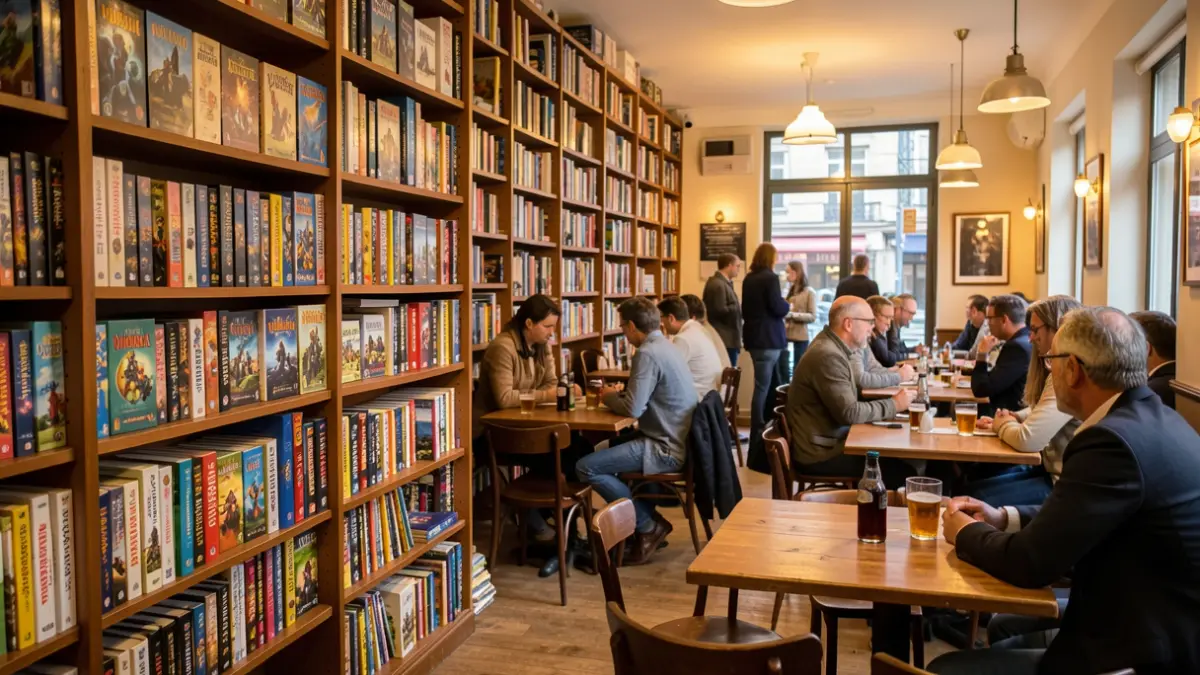 Interior of a board game bar in Clichy, with shelves full of games and customers playing.