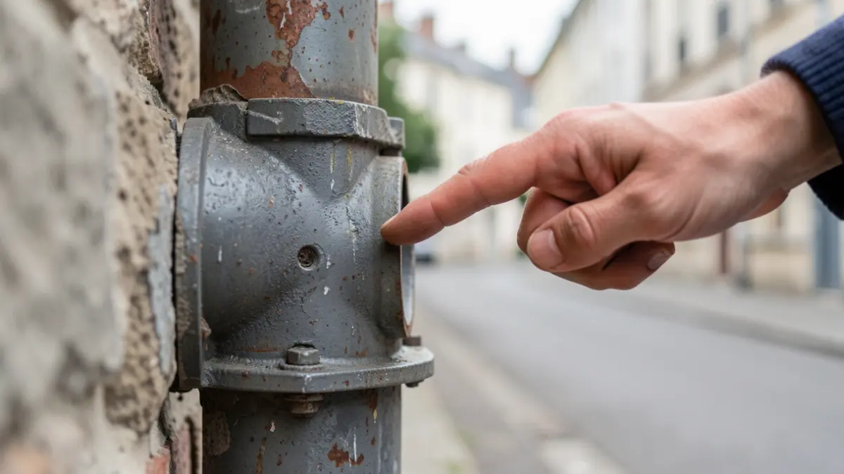 Generic image of a sewer pipe connection with a hand indicating a repair, in an urban environment.