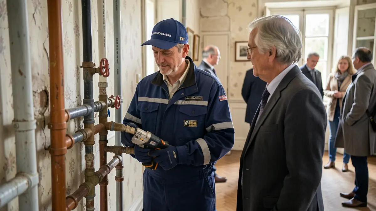 Un technicien du service de l'eau et de l'assainissement inspecte la plomberie d'une maison des années 30 à Gournay, en Seine-Saint-Denis.