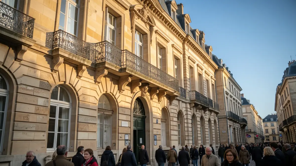 Generic image of a stone town hall facade with an ornate balcony and iron railings, in warm afternoon sunlight.