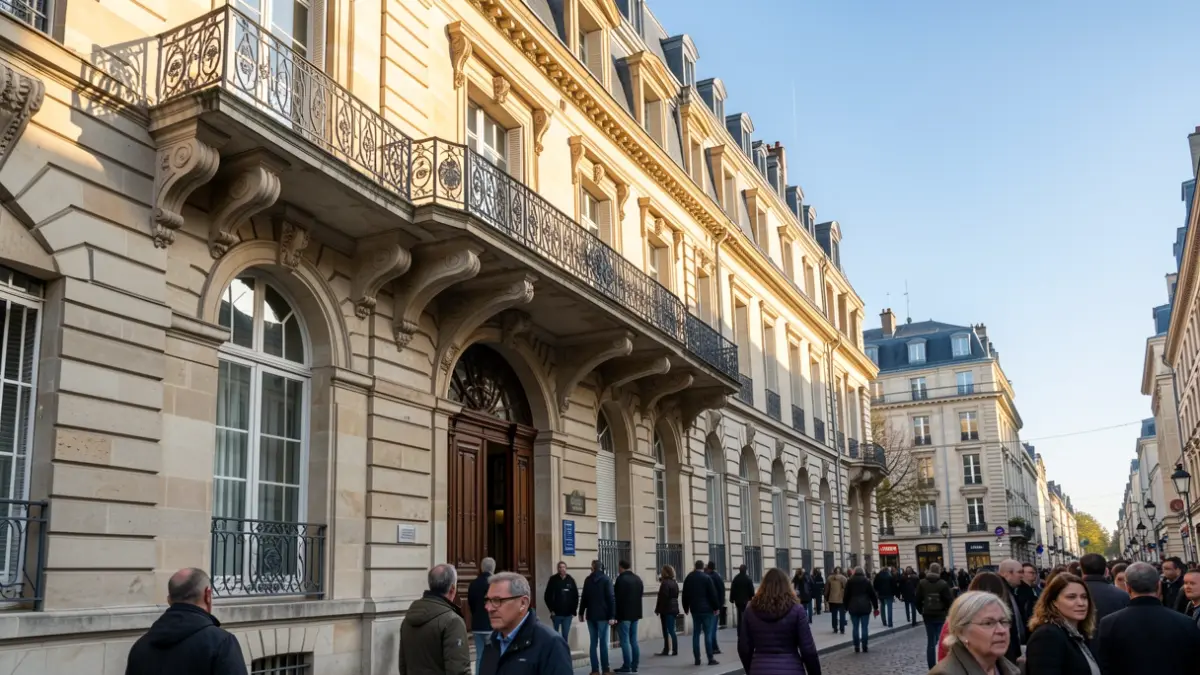 Image générique de la façade d'un hôtel de ville français, avec des éléments architecturaux classiques et un éclairage d'après-midi.