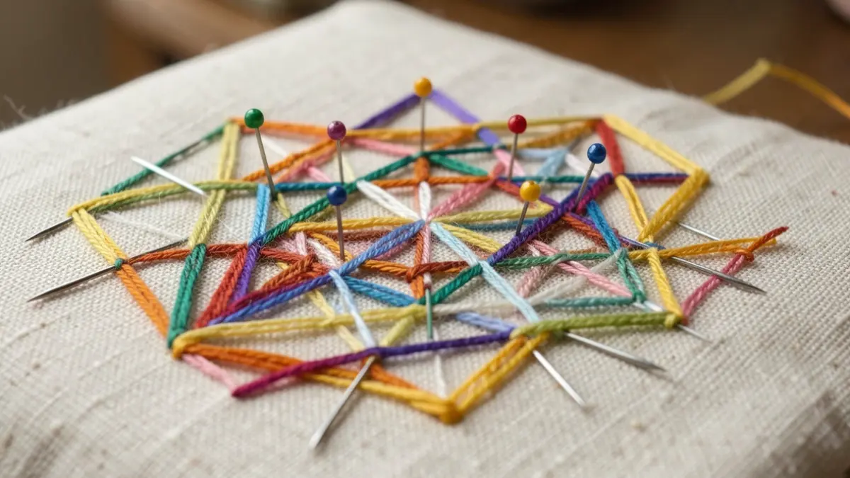 Generic image of colorful threads and needles arranged in a geometric pattern on a textured fabric, soft natural lighting.
