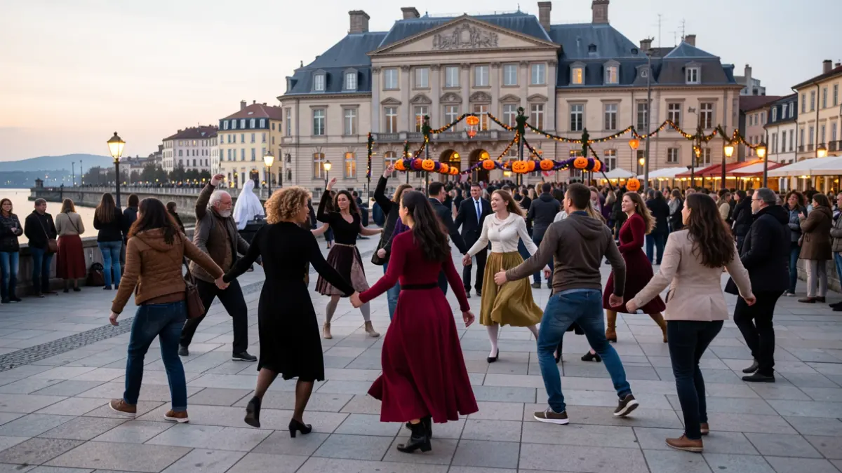 Generic image of dancers preparing for a Halloween party in front of the town hall.