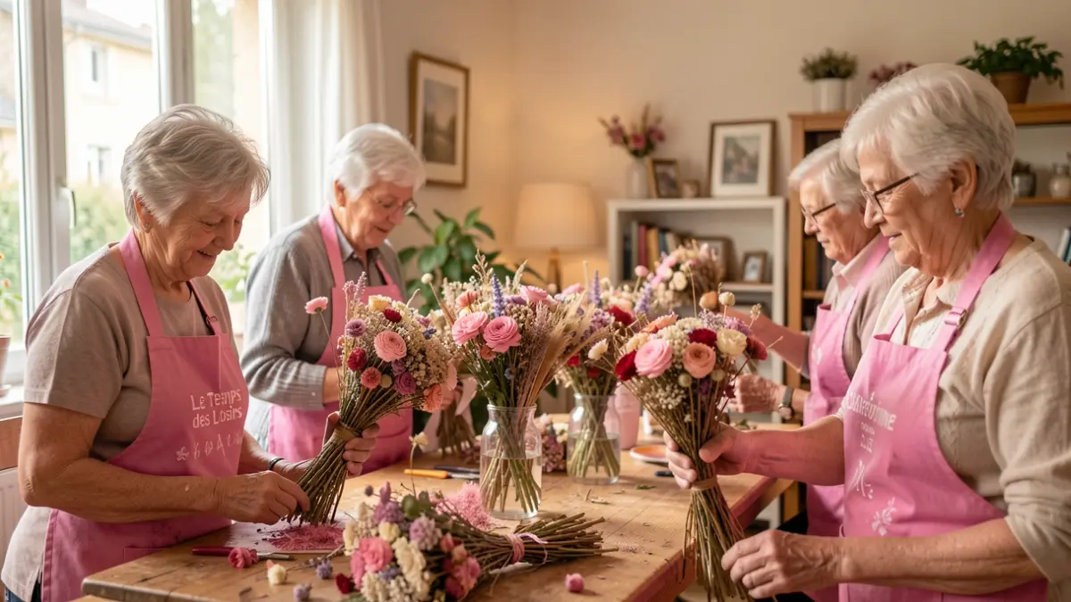Floral art workshops for seniors in Étampes, combining the Blue Week and Pink October initiatives.