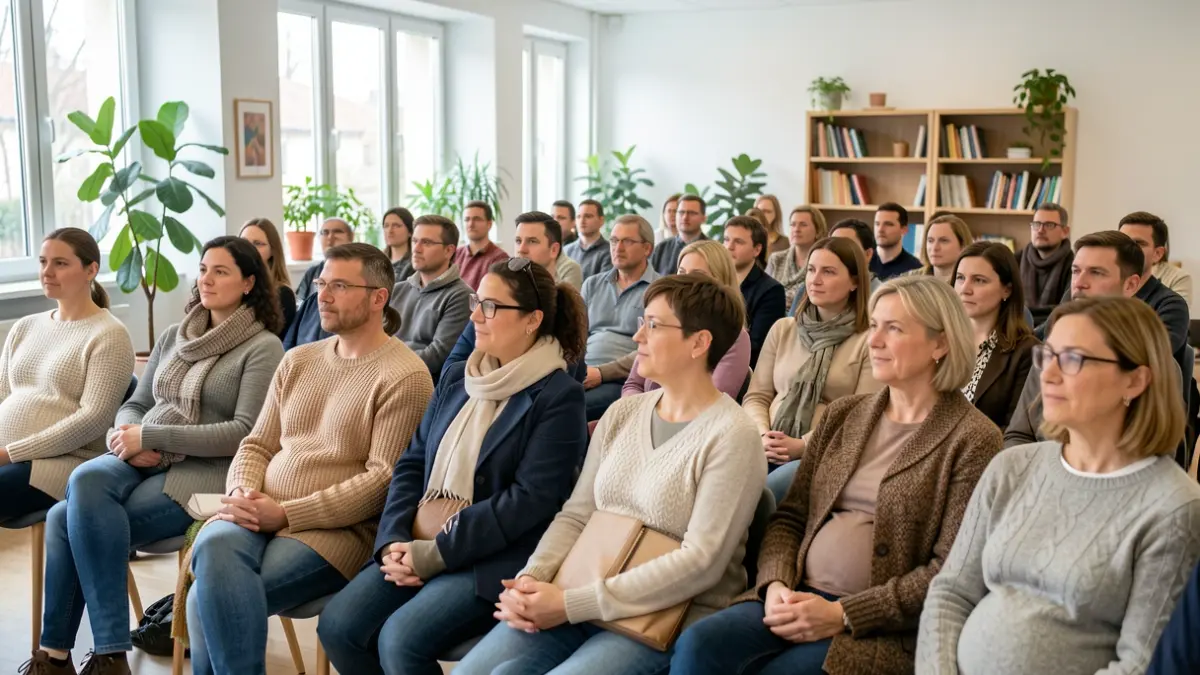 Image générique d'un groupe de parents écoutant attentivement lors d'un atelier d'information dans un centre communautaire.