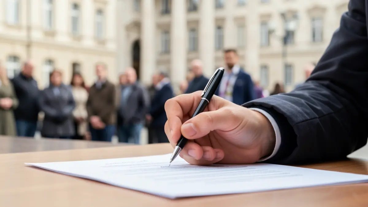 Image générique d'une main tenant un stylo sur un document officiel.