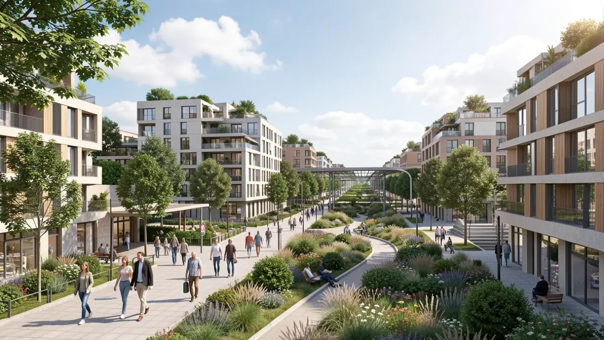 Image générique de projet d'aménagement urbain futur autour d'une gare.