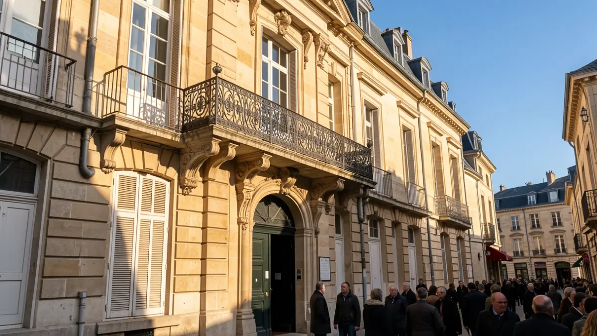 Generic image of a stone town hall facade with an ornate balcony and iron railings, under a blue sky and afternoon sun.
