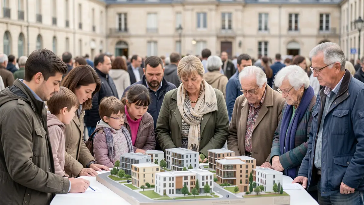 Image générique de personnes de différents âges examinant des maquettes de logements dans un cadre urbain.