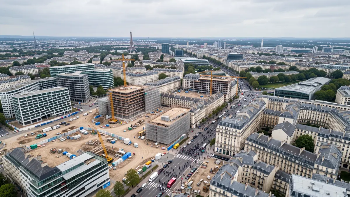 Image générique de chantiers de construction et de rénovation dans le paysage urbain de l'Île-de-France.