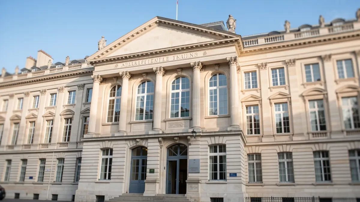 Generic image of the facade of a prestigious university building in Paris, with classical architecture and large windows, under a clear blue sky. Soft, natural daylight. Focus on the building's entrance.