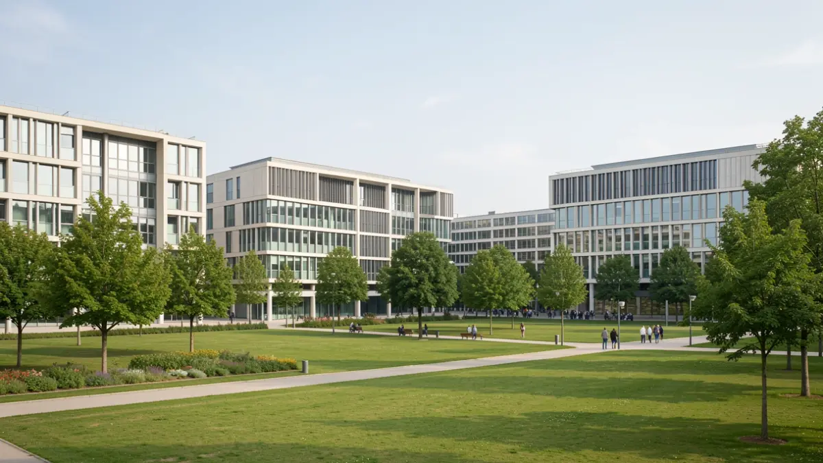 Vue du campus de Télécom Paris, avec ses bâtiments modernes et ses espaces verts.