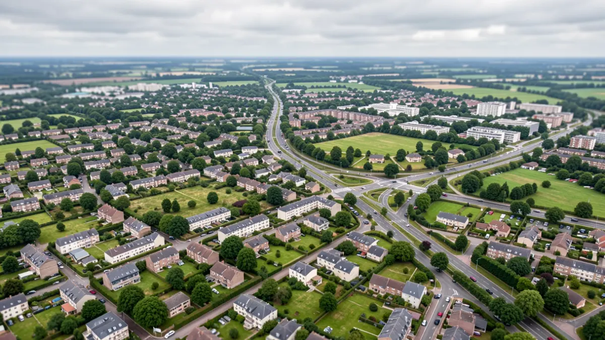 Aerial view of a suburban community in Île-de-France, showing a mix of residential buildings, green spaces, and a road network.