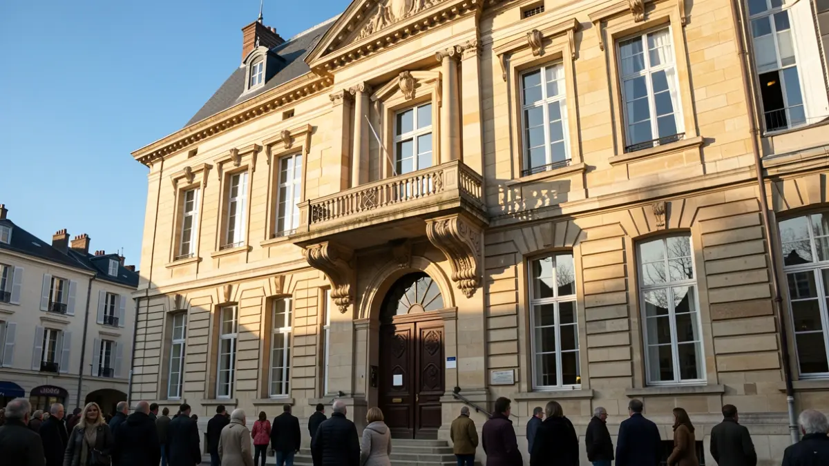 Façade d'un hôtel de ville de Sartrouville, architecture en pierre avec balcon orné, sous le soleil d'après-midi.
