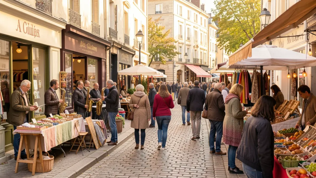 Lively street scene in Bois-Colombes during the National Day of Local Commerce, featuring shopkeepers, musicians, and residents.