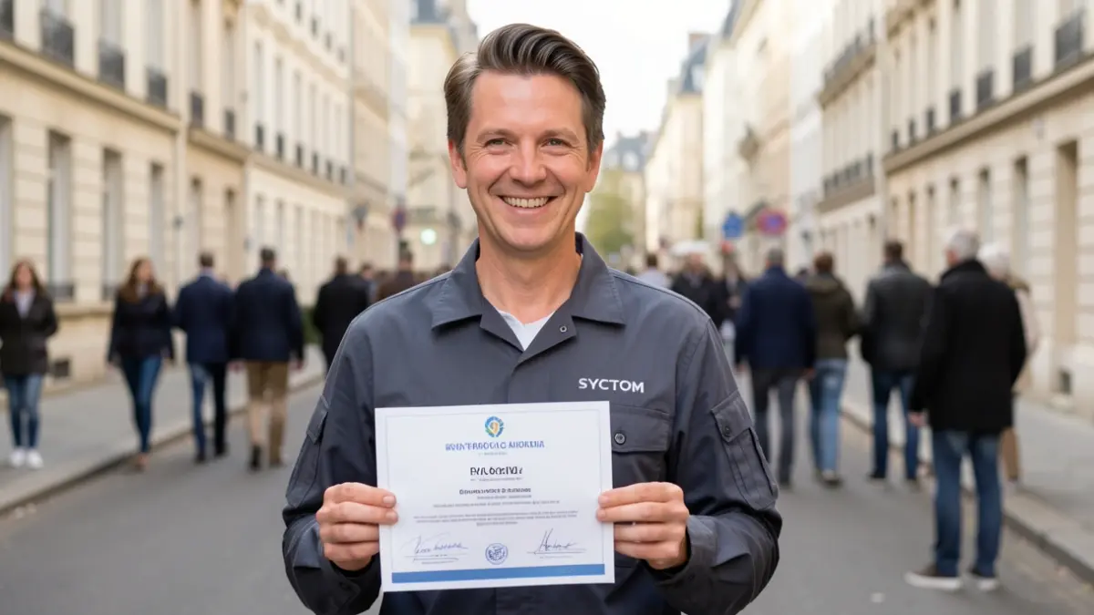 Generic image of a smiling eco-animator holding an accreditation letter in front of residential buildings.