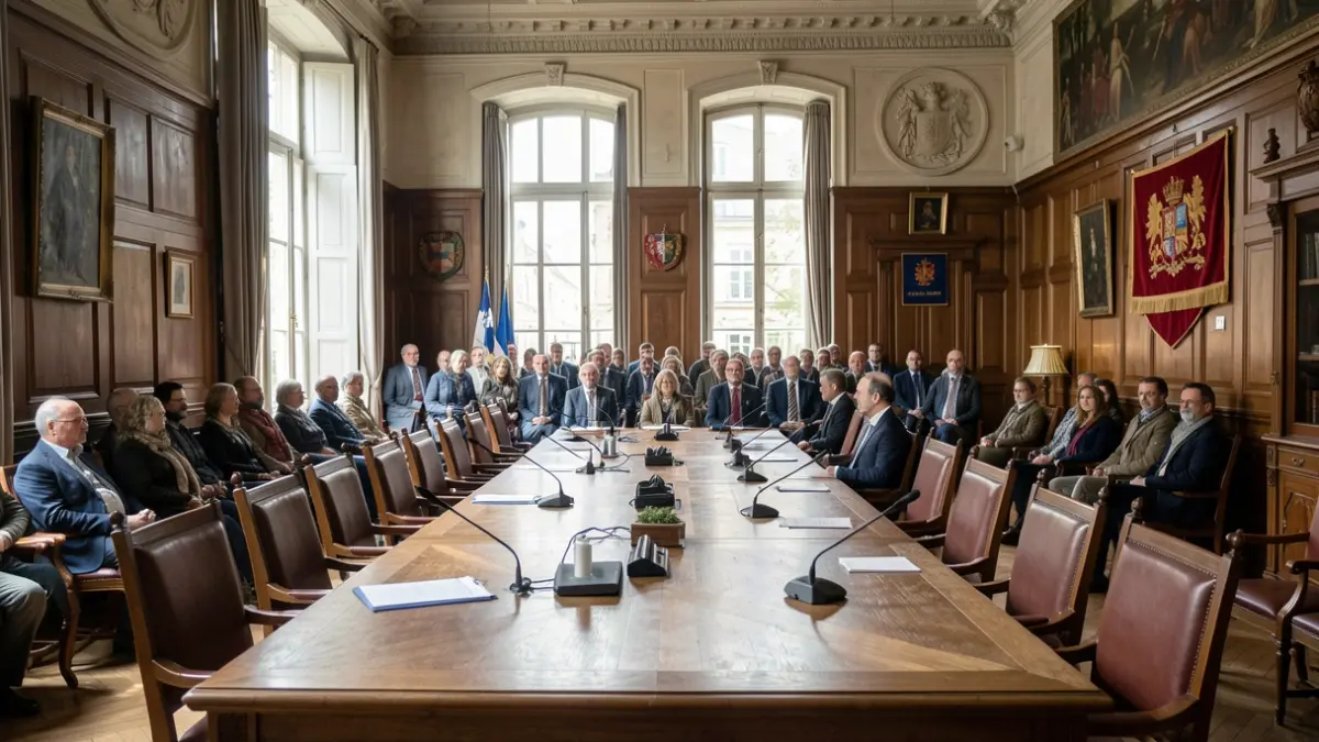 Image générique de la salle du conseil d'un hôtel de ville en Île-de-France, avec une table et des chaises.
