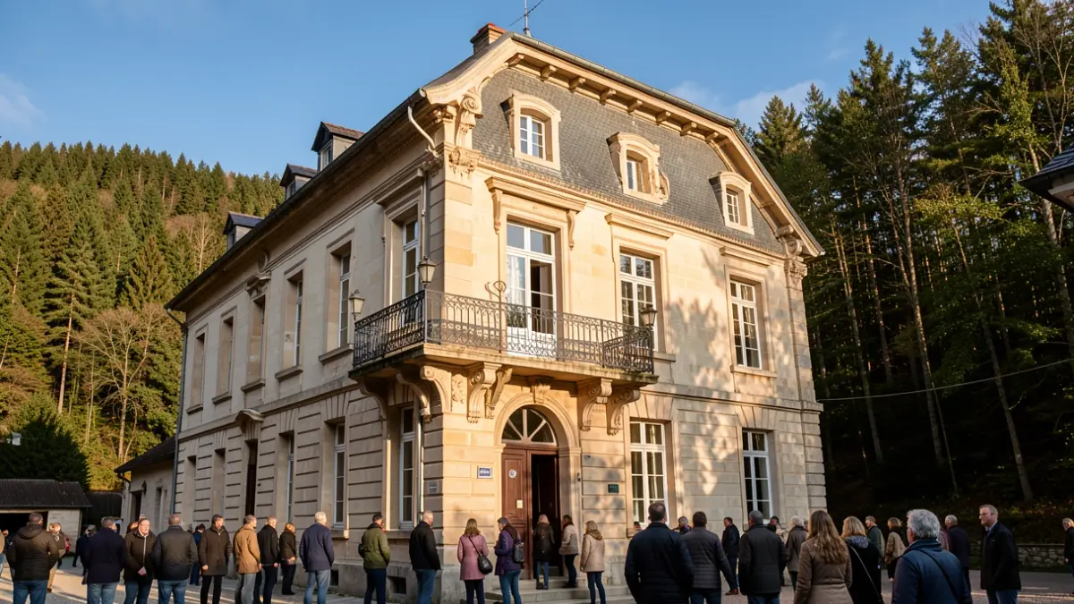 Generic image of a stone town hall facade with an ornate balcony, under the afternoon sun.