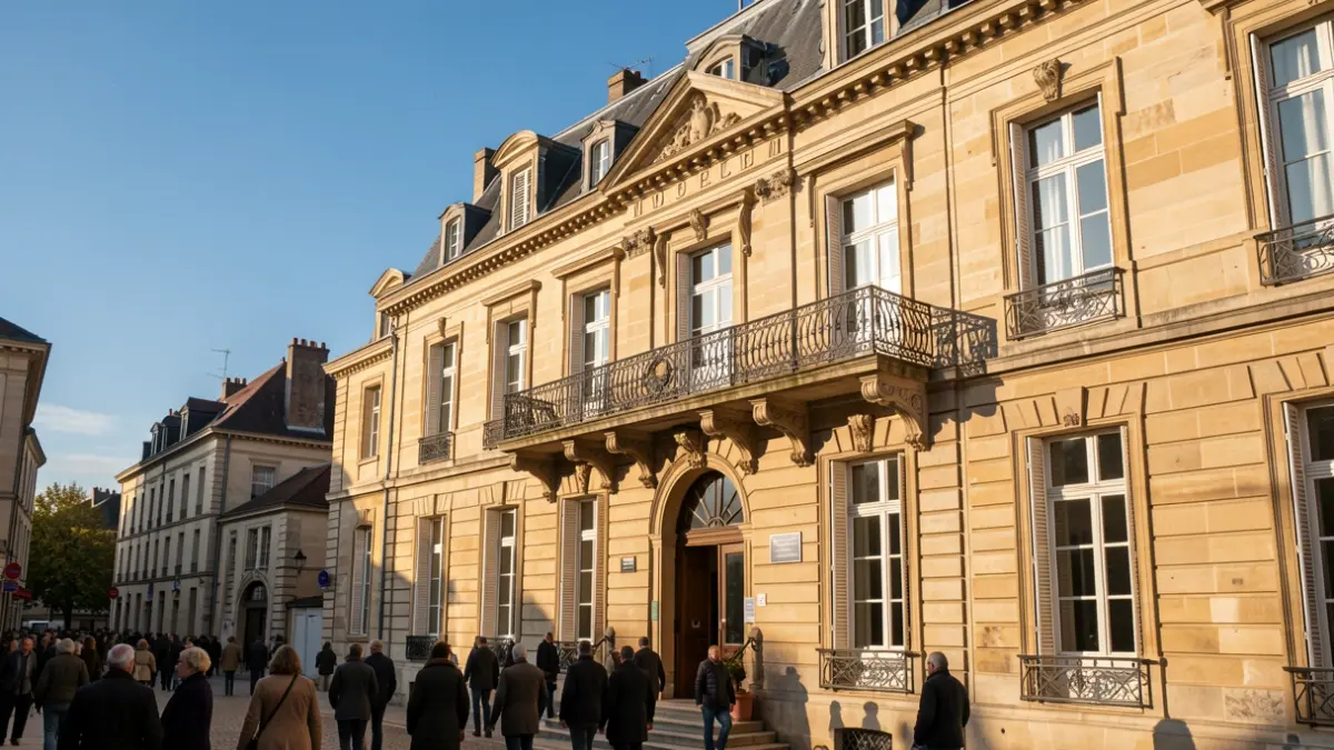 Generic image of a stone town hall facade with a balcony and iron railings, under an afternoon sun.