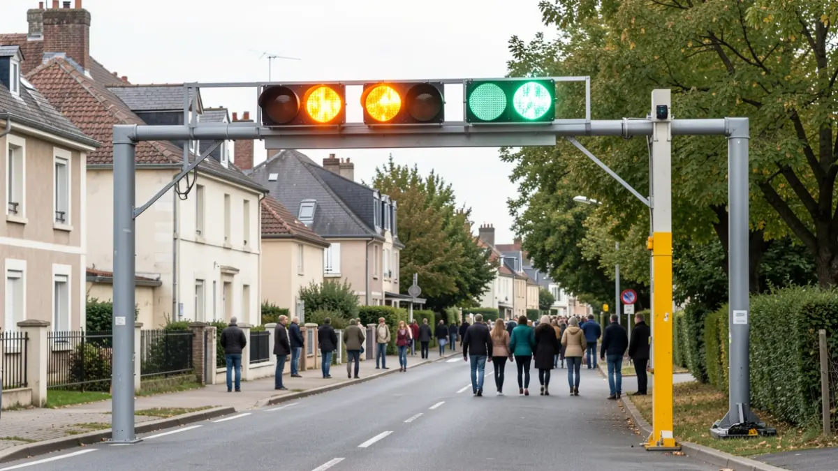 Traffic gantry in Boissy-l'Aillerie changing from red to green.