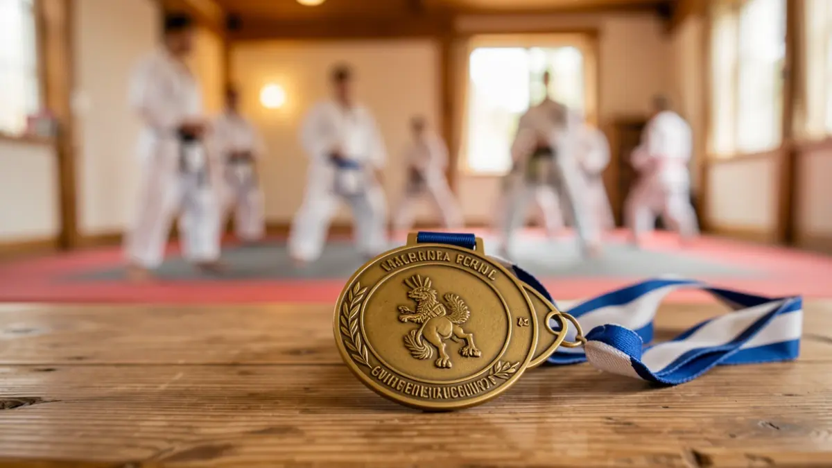 Sports medals on a dojo background.
