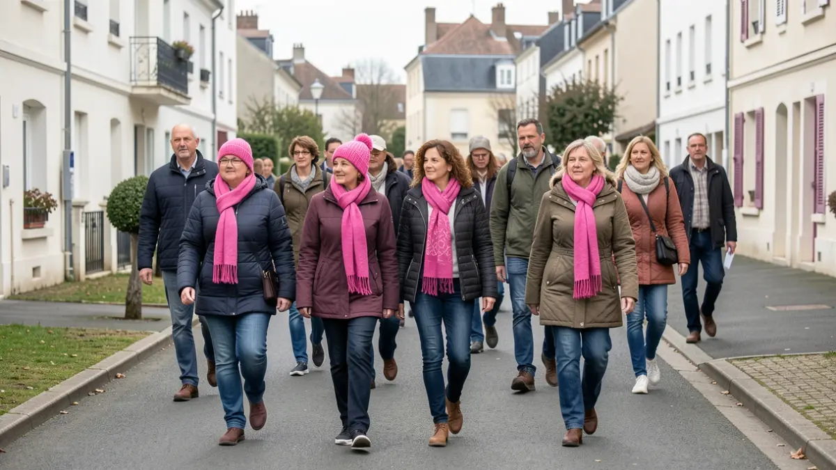 Image générique de personnes participant à une marche symbolique, certaines portant des accessoires roses, dans un environnement urbain.