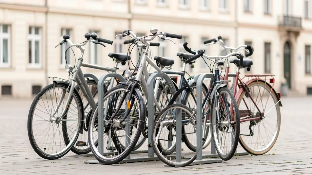 Image générique d'un support à vélos avec plusieurs vélos garés, dans un espace urbain public avec une façade de bâtiment floue en arrière-plan, lumière du jour douce.