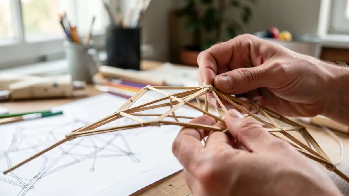 Generic image of a traditional bamboo kite frame being assembled by an artist's hands, with blurred sketches in the background.