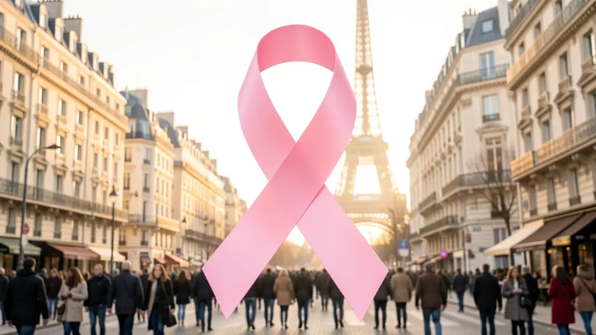 Image symbolique d'Octobre Rose en Île-de-France avec un ruban rose et des éléments architecturaux parisiens.