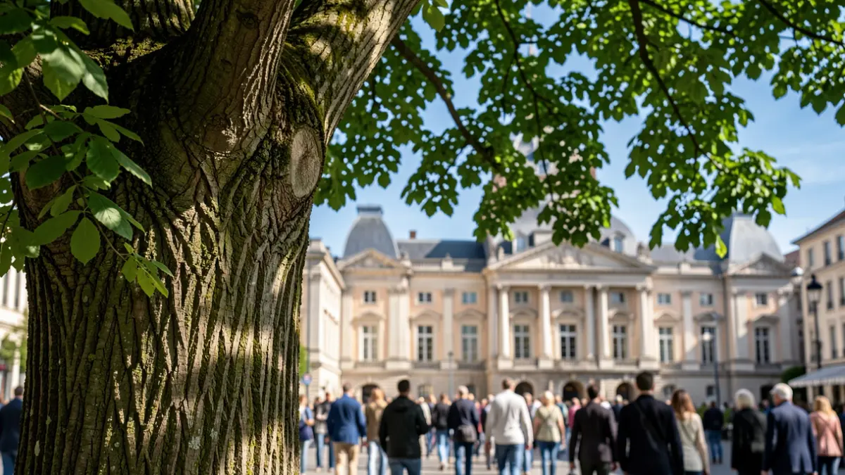Generic image of a tree trunk with green leaves in front of a town hall.
