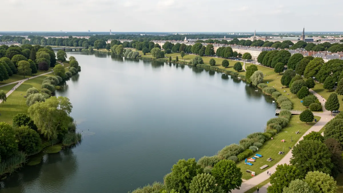 Vue aérienne du bassin du Carouge à Brétigny-sur-Orge, un espace naturel et de loisirs.