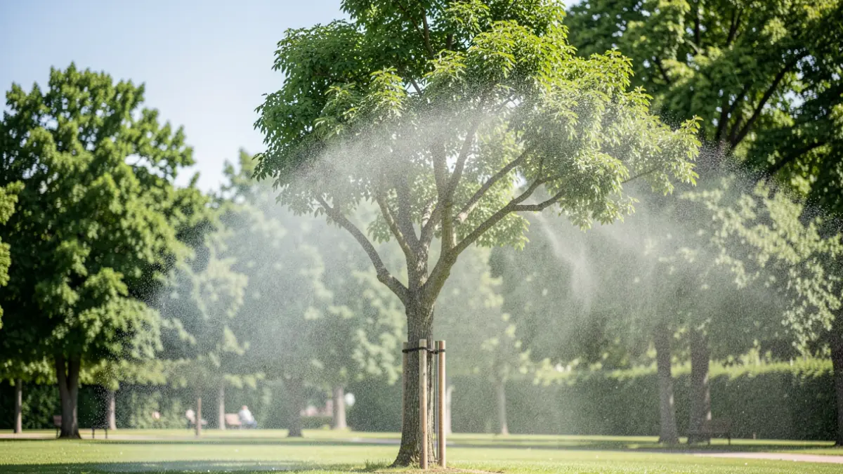 Image générique d'un arbre brumisateur dans un parc public, diffusant de la fraîcheur.