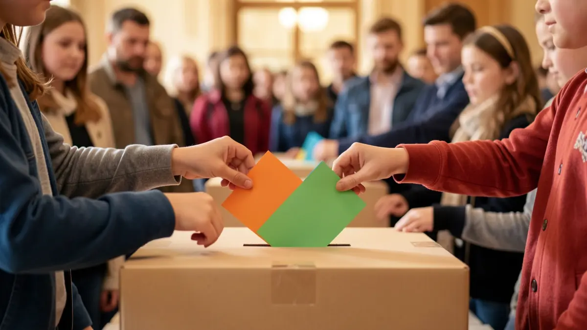 Generic image of children's hands placing colorful forms into a ballot box, symbolizing civic engagement and youth participation in local governance.