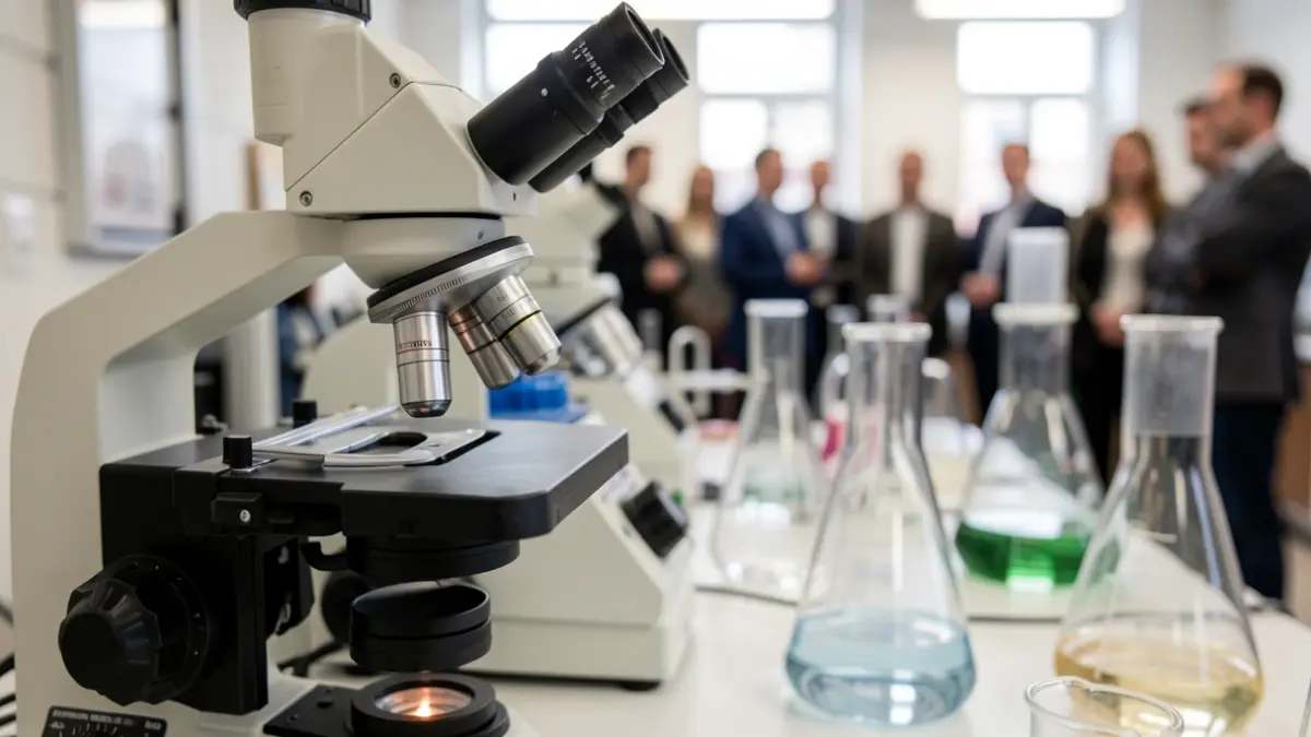 Generic image of a laboratory microscope with a blurred background of scientific equipment and glassware, soft ambient lighting.