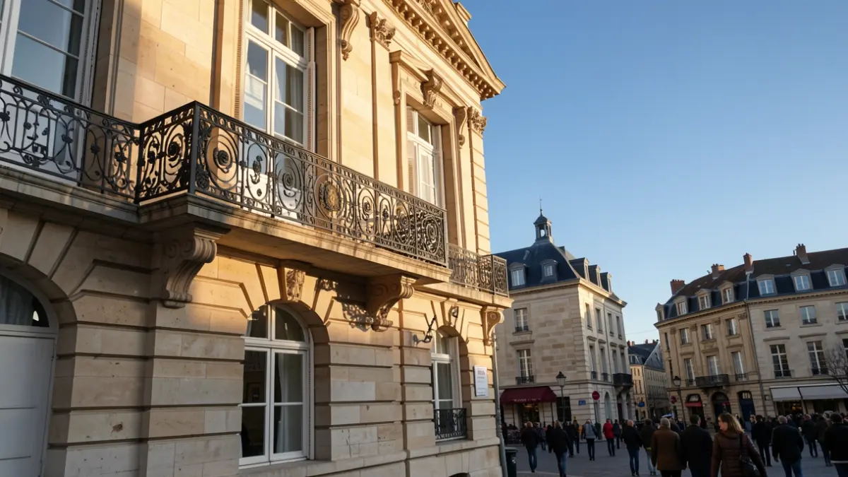 Façade en pierre d'un hôtel de ville d'Île-de-France avec balcon en fer forgé, lumière du soleil d'après-midi.