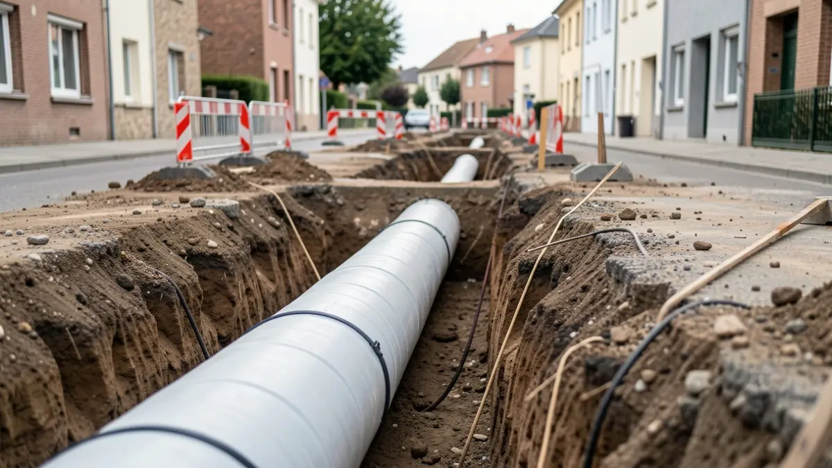 Rainwater pipe renewal works on Rue Curie in Brunoy.