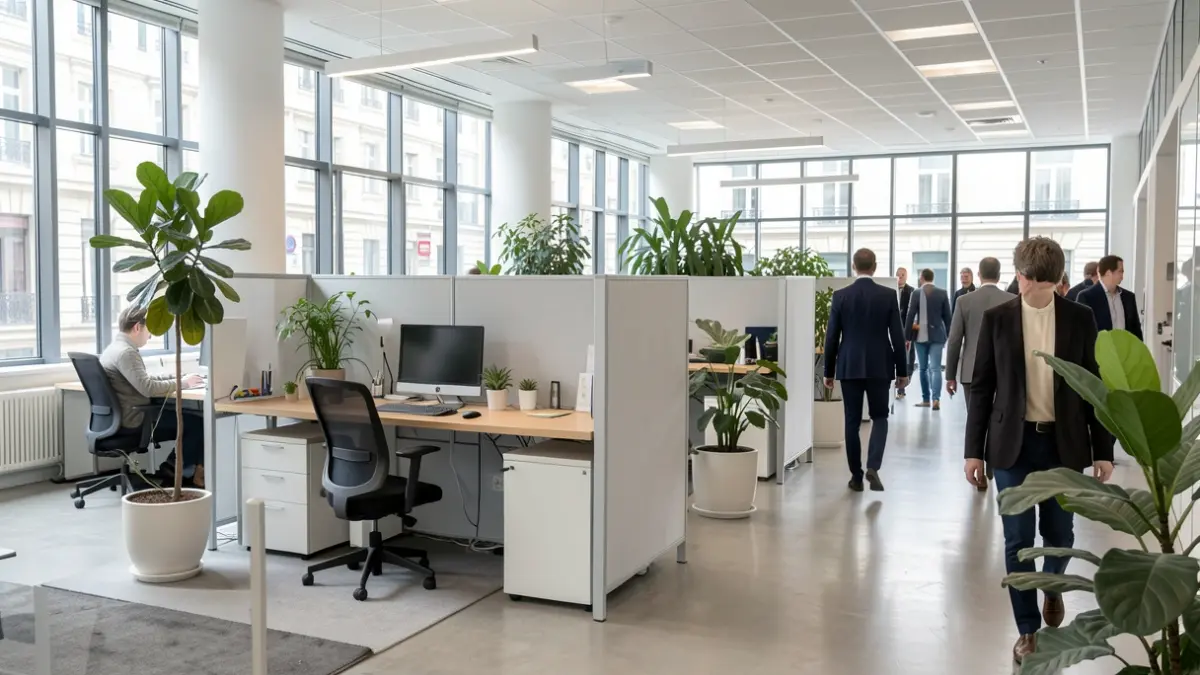 Image générique de bureaux modernes avec des éléments écologiques.