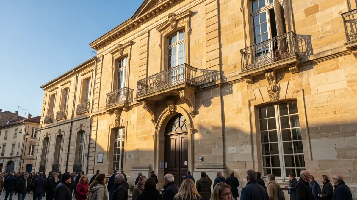 Generic image of a stone town hall facade with an ornate balcony and iron railings, under afternoon sunlight.