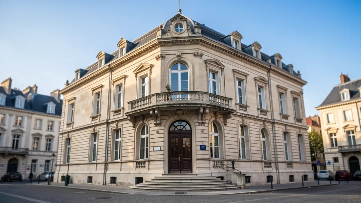 Facade of the Rambouillet town hall, a stone building with classical architecture and an ornate balcony, under a clear blue sky with soft daylight.