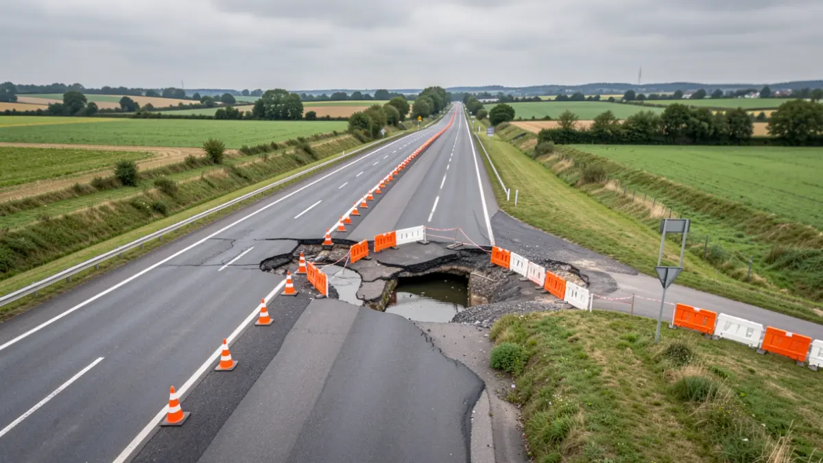 Image générique de travaux routiers avec des barrières de sécurité et une section endommagée de la chaussée.