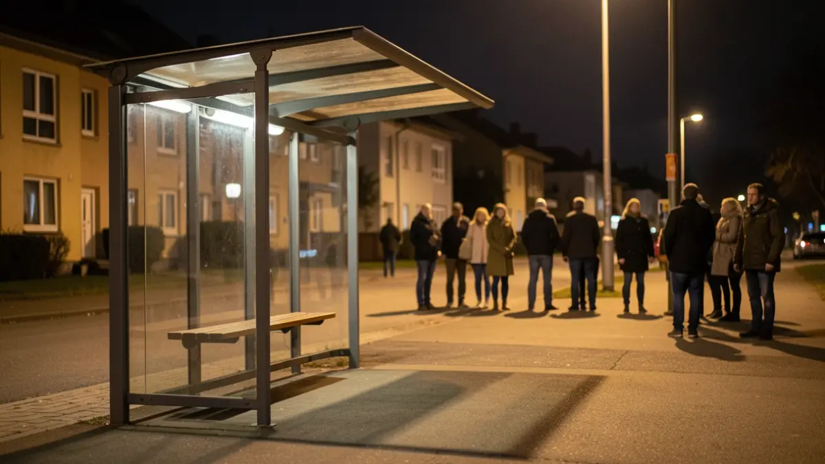 Generic image of an empty bus shelter at night in a residential area.