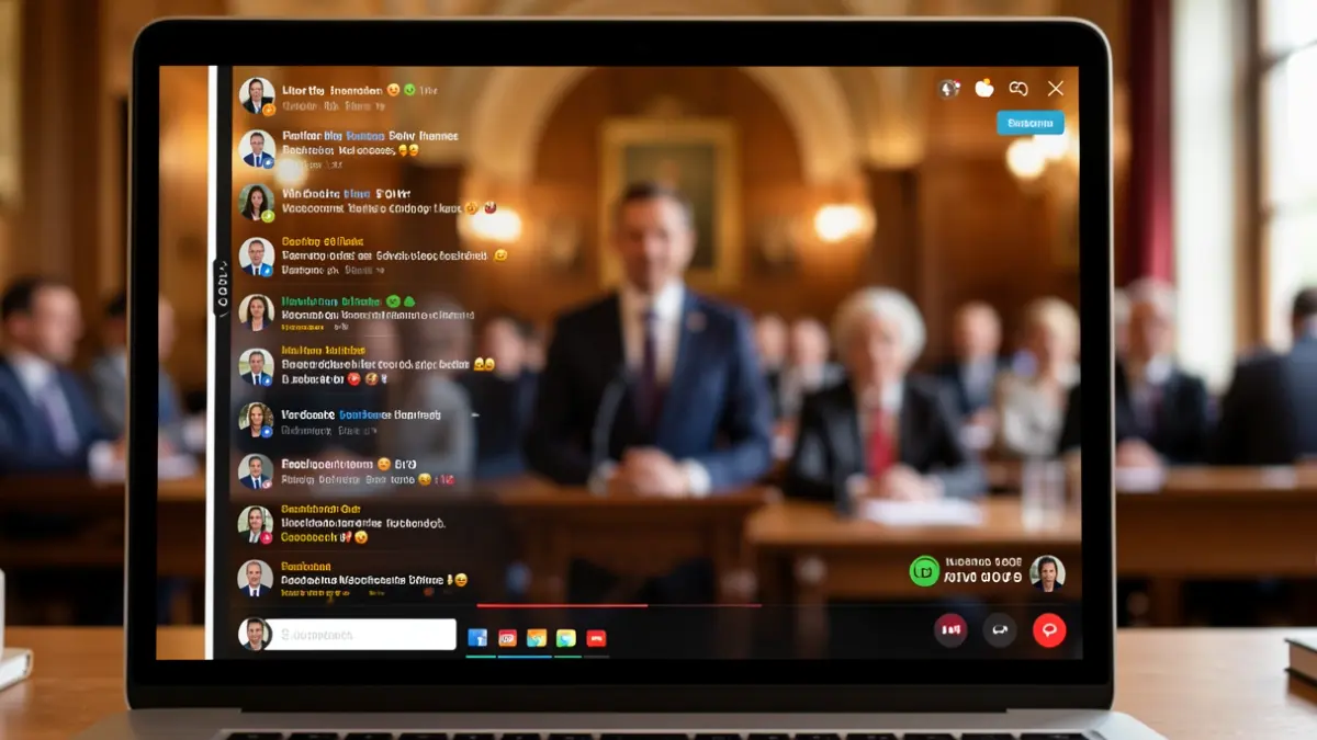 Image générique d'une interface de streaming en direct sur un écran d'ordinateur, avec un arrière-plan flouté de l'intérieur d'une mairie. Jamais de noms propres. N'affirme jamais que c'est le fait réel.