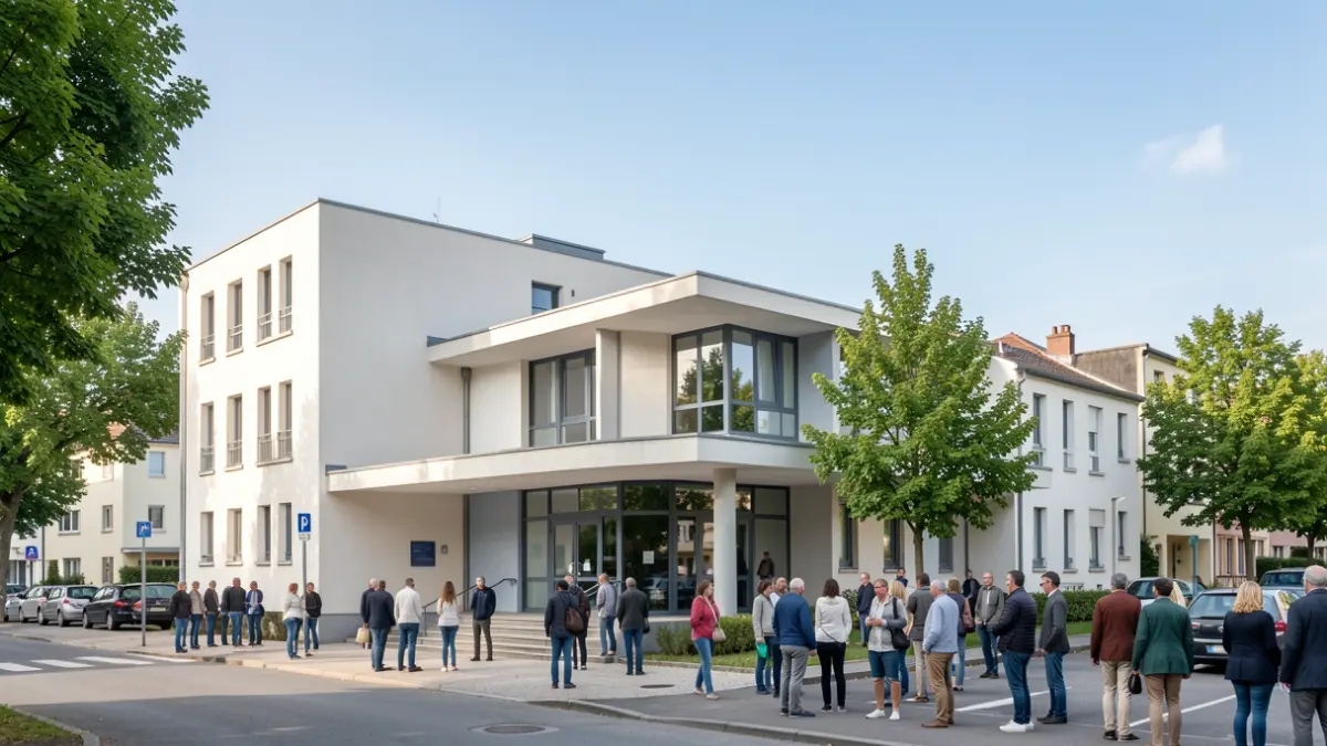 Generic image of the facade of a modern municipal building in the Parisian suburbs, under a blue sky.